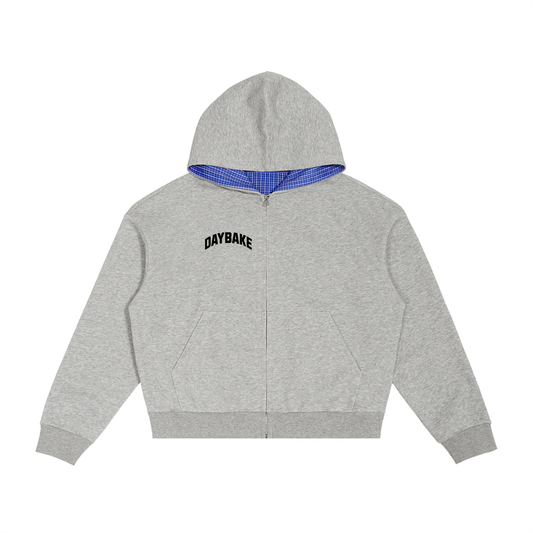 Contrast Plaid Boxy Zip Hoodie